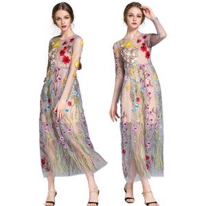 Floral Embroidered Tulle Maxi Dress